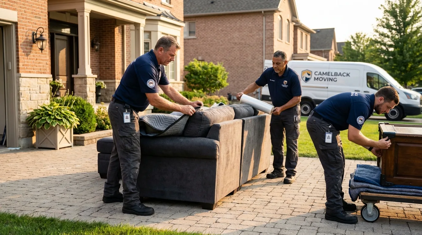 Large estate moving crew wrapping furniture in Westbury, NY