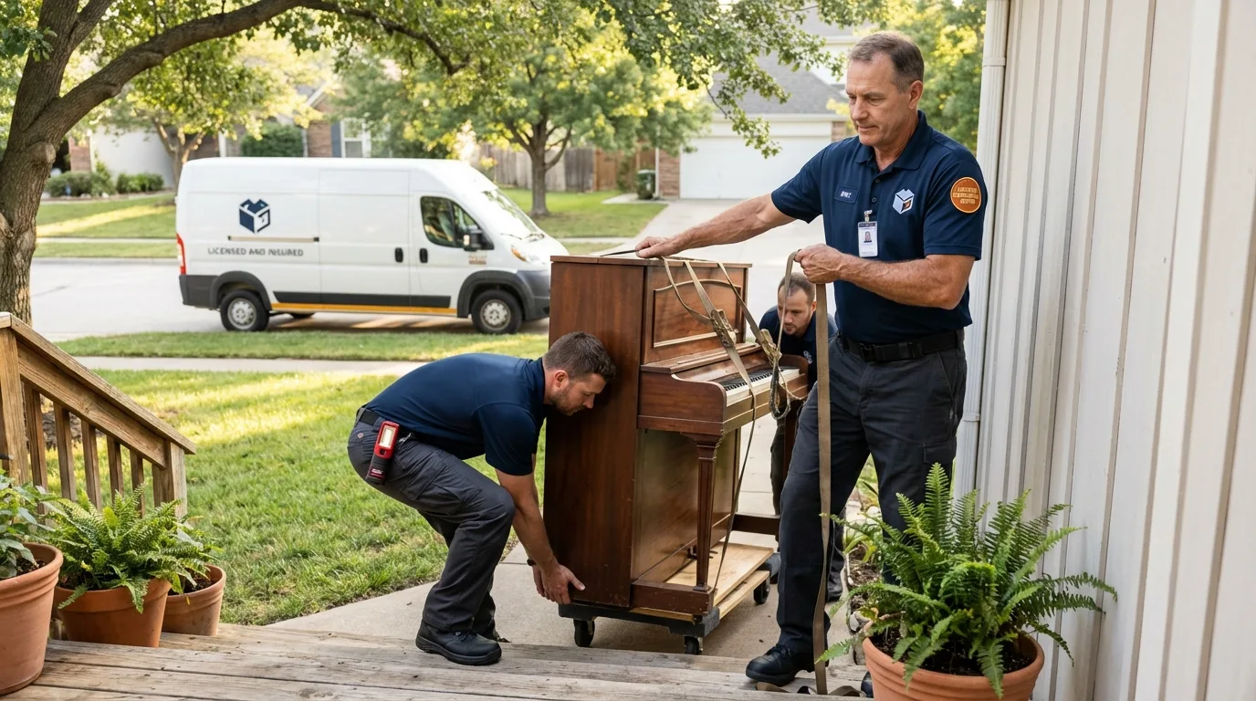Licensed piano movers securing grand piano in Westbury, NY