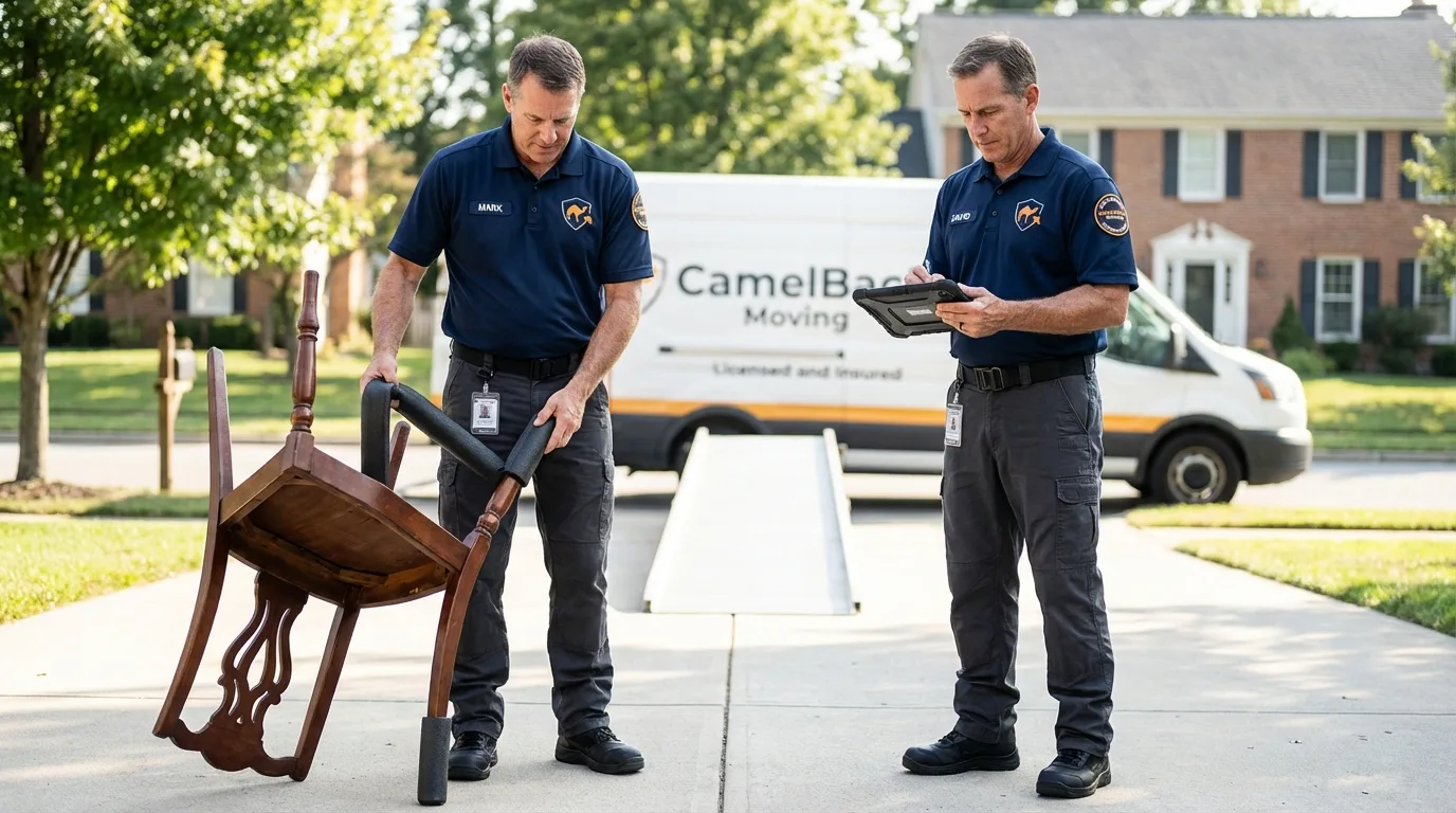 Movers inspecting furniture for damage prevention before loading in Westbury, NY