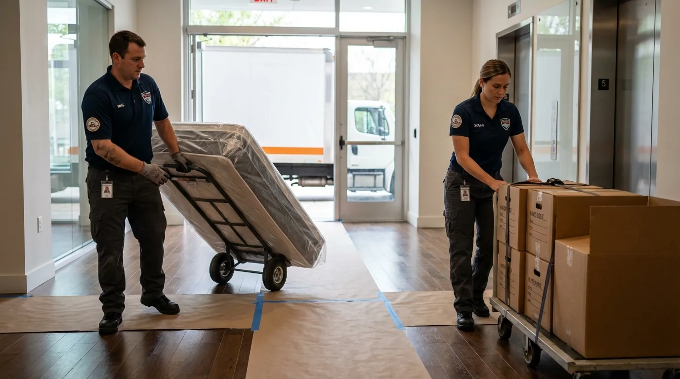 Professional apartment movers loading elevator in Westbury, NY