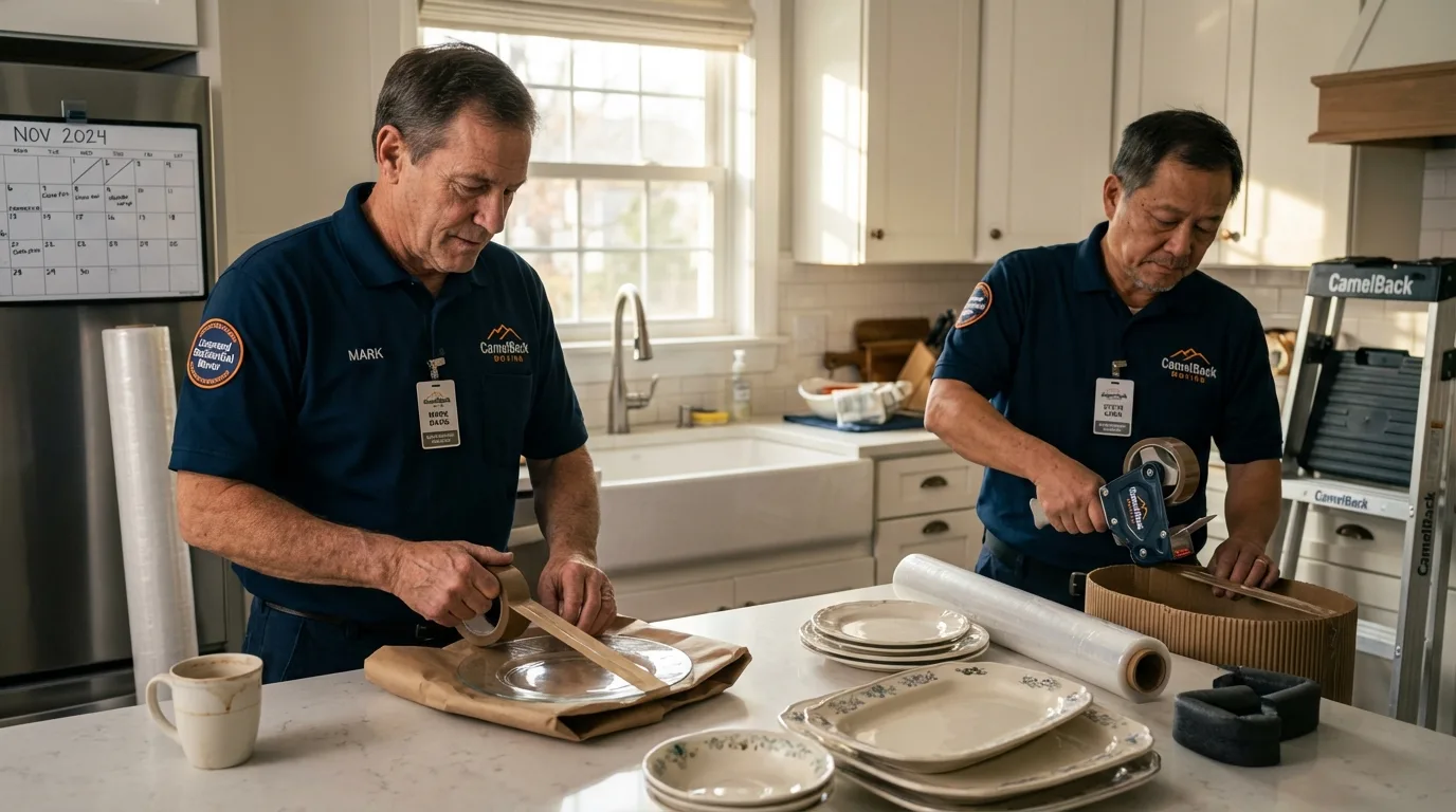 Professional crew packing kitchen dishware in Westbury, NY